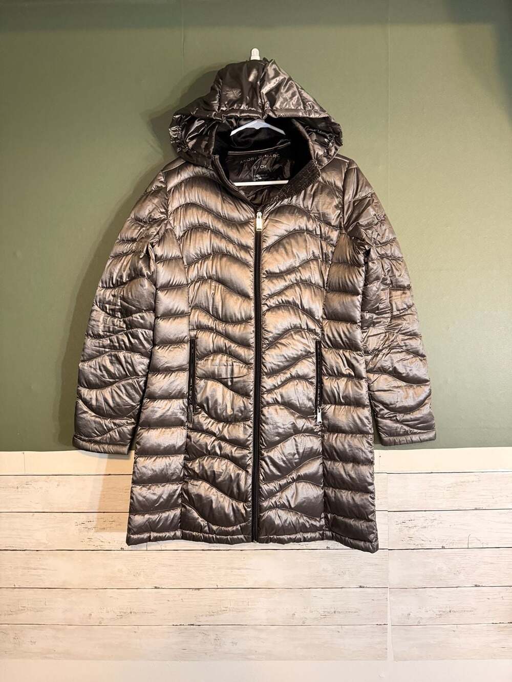 Andrew Marc Packable Puffer Coat Size S Grey Down Hooded Jacket